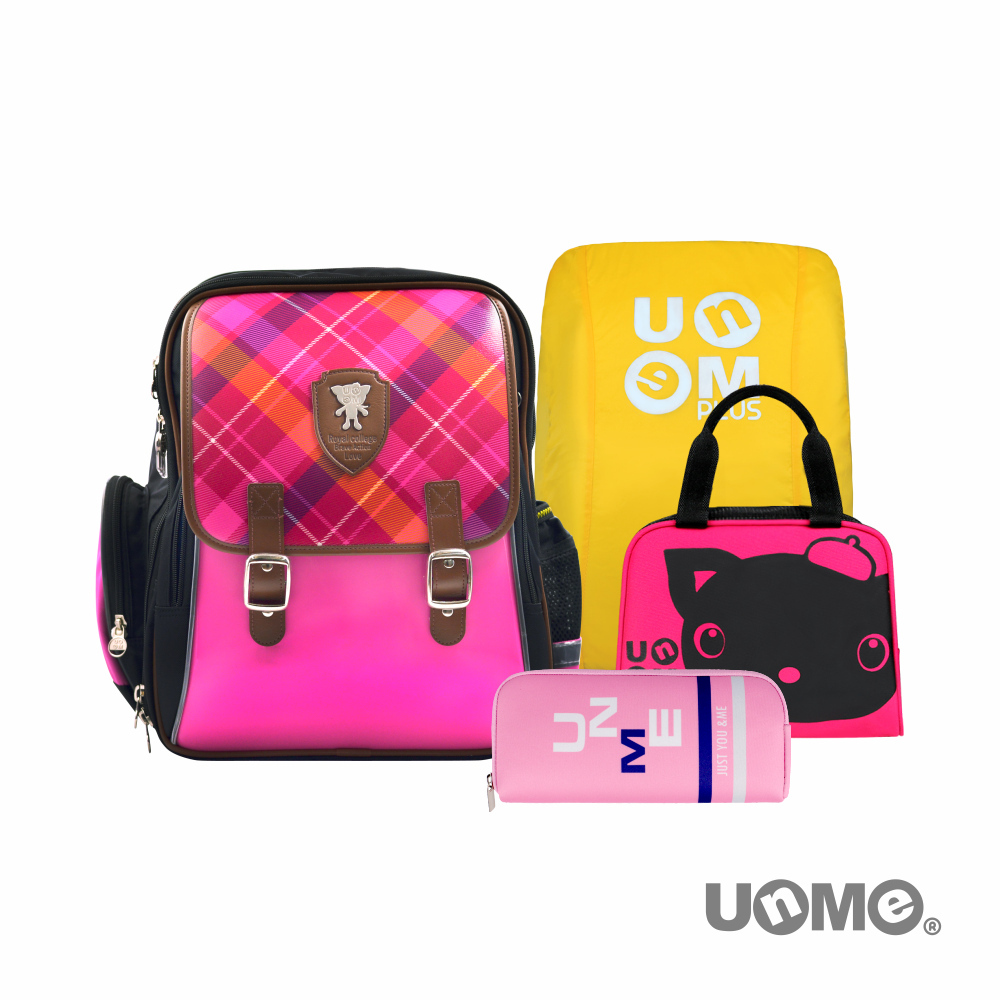 UnMe 古典英格蘭書包組合-桃紅格(M)