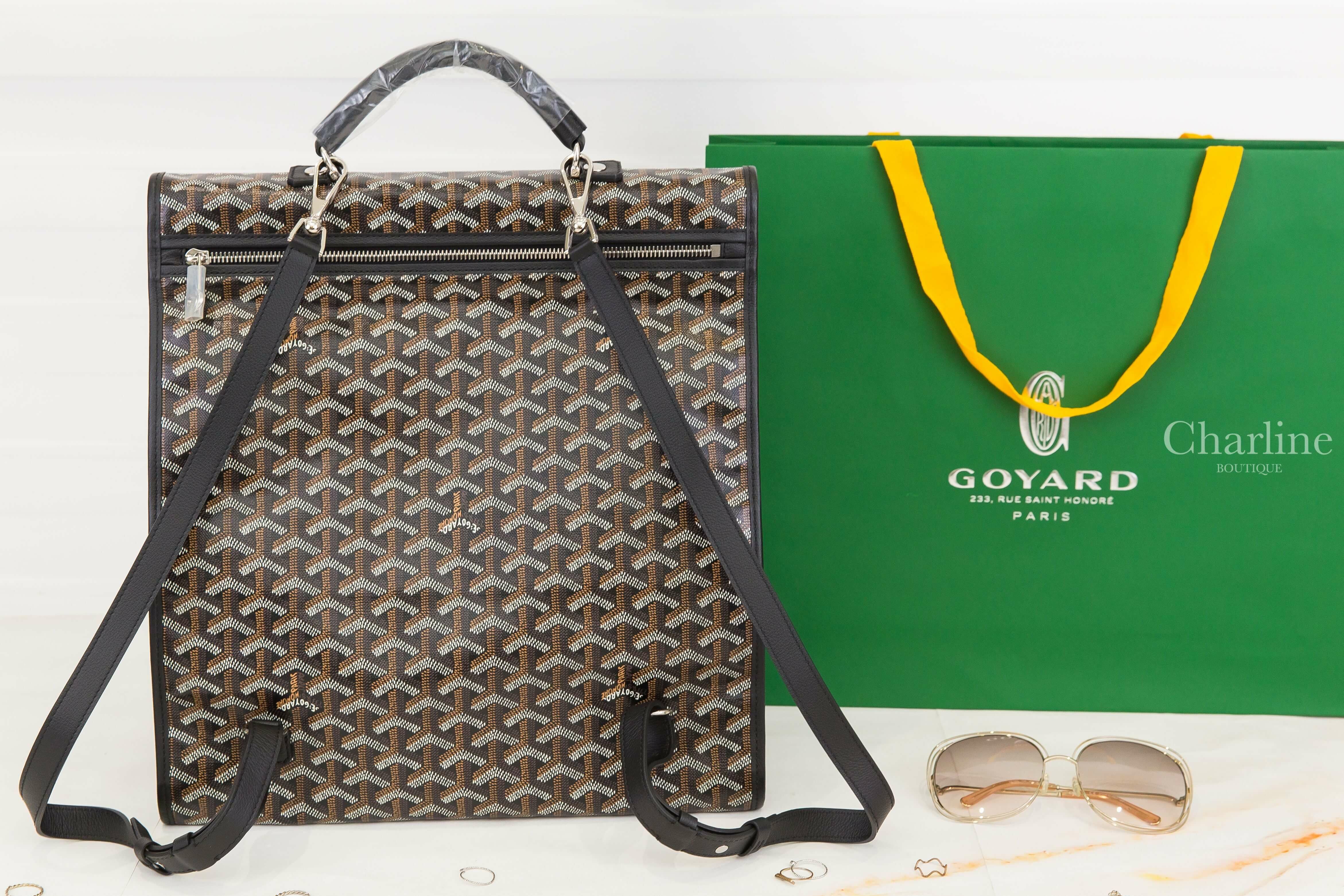 Goyard Saint Léger Backpack 黑色帆布小牛皮同色提把黃色內裡手提後背包-Charline Boutique 精品代購