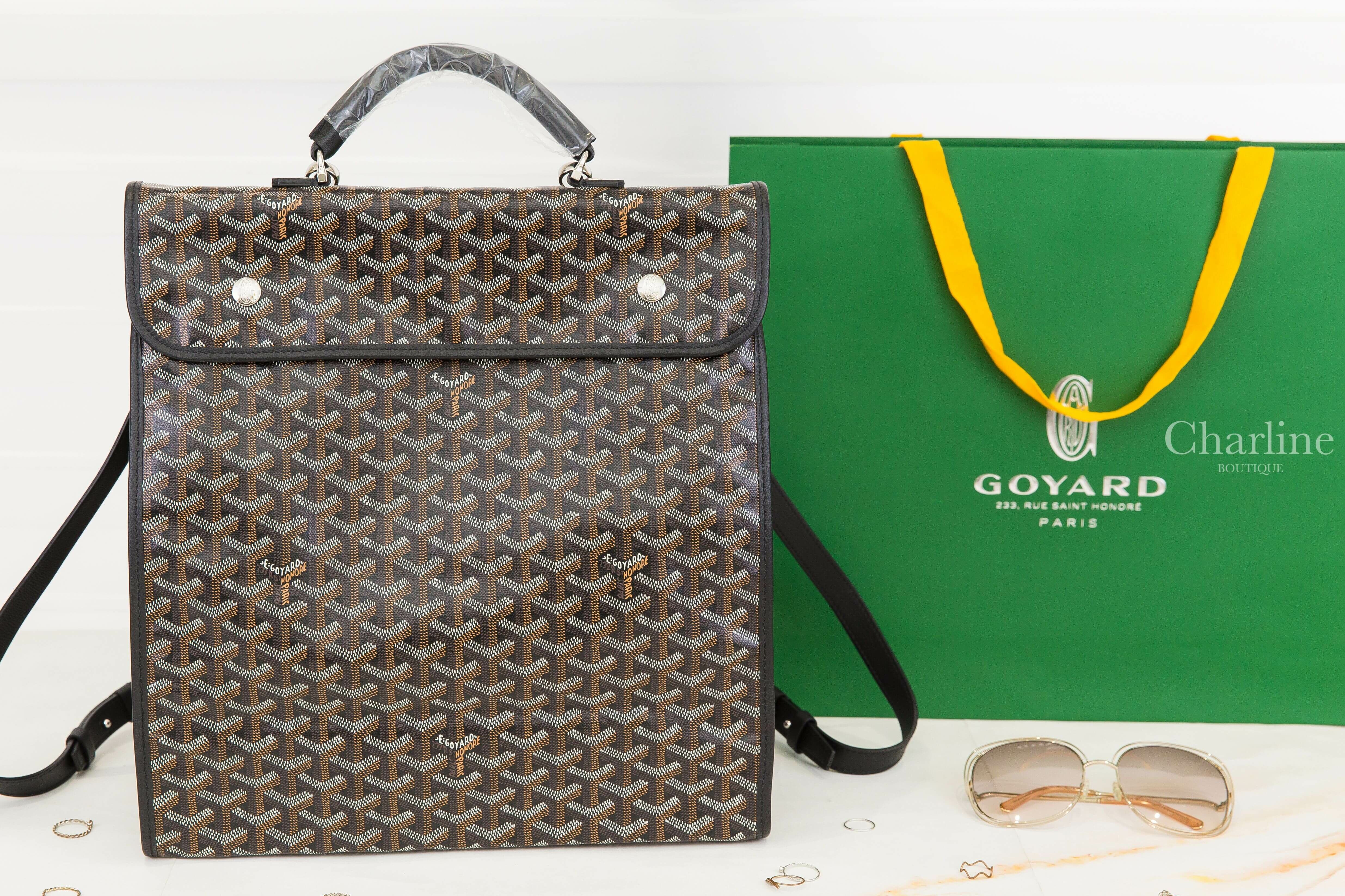Goyard Saint Léger Backpack 黑色帆布小牛皮同色提把黃色內裡手提後背包