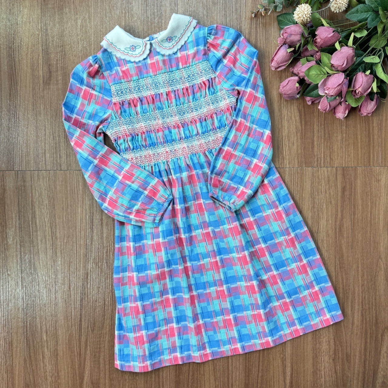 St.Michael英國製水藍色刺繡領格紋古著連身裙