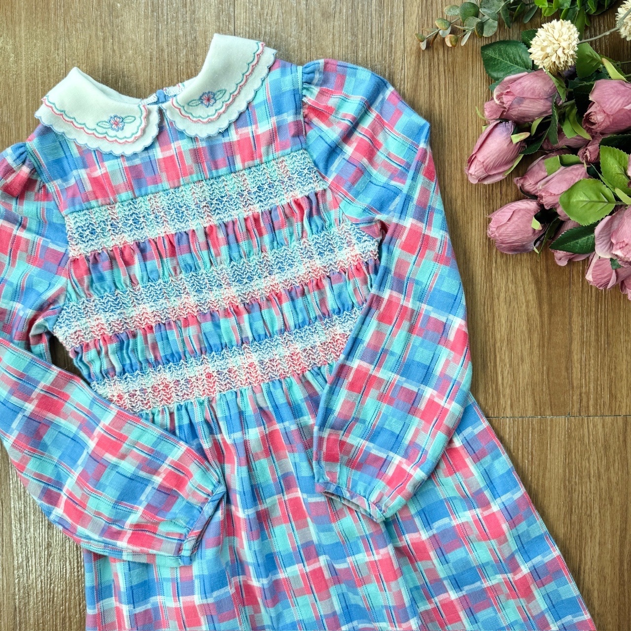 St.Michael英國製水藍色刺繡領格紋古著連身裙