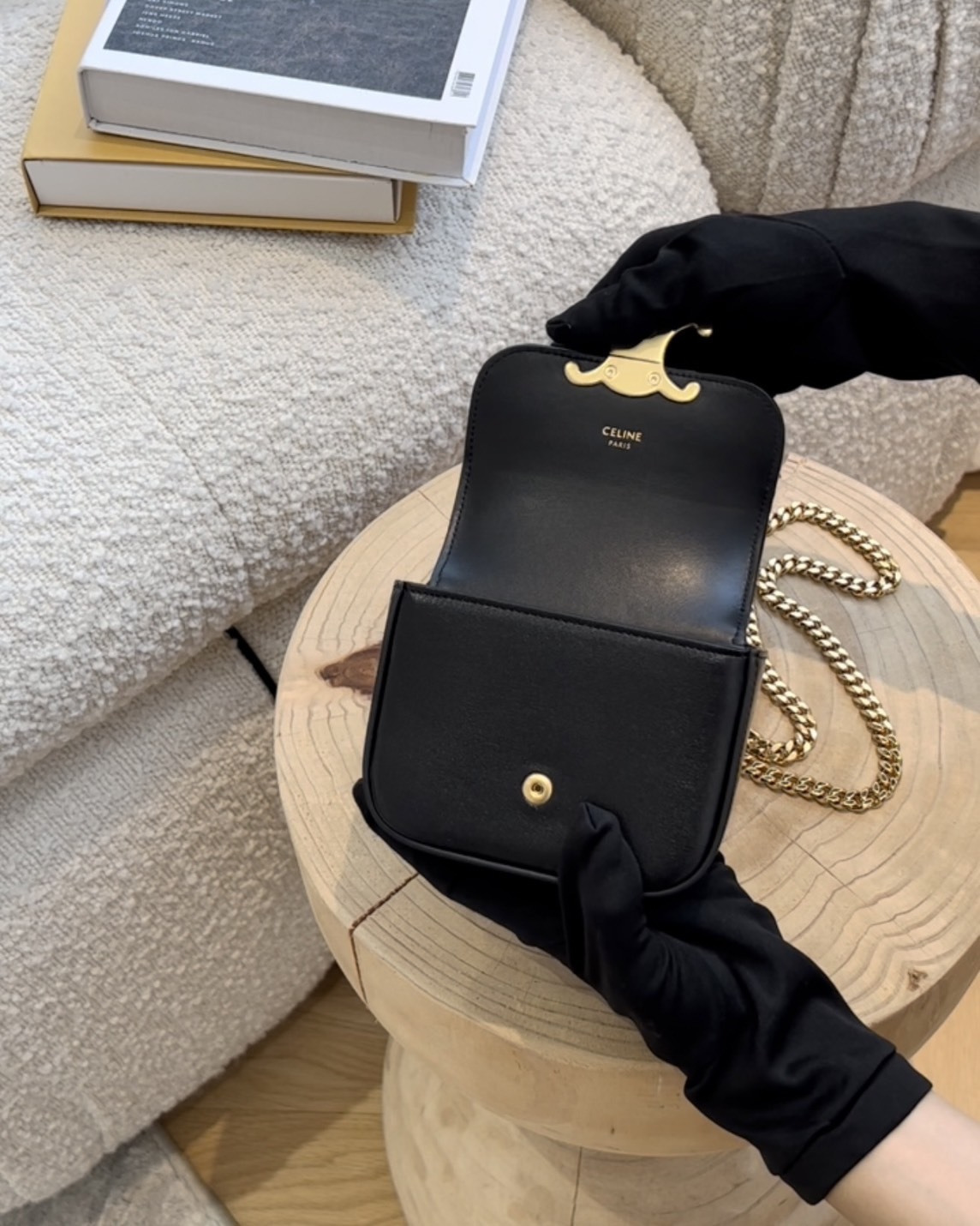 CELINE｜凱旋門迷你鏈條小廢包 黑金