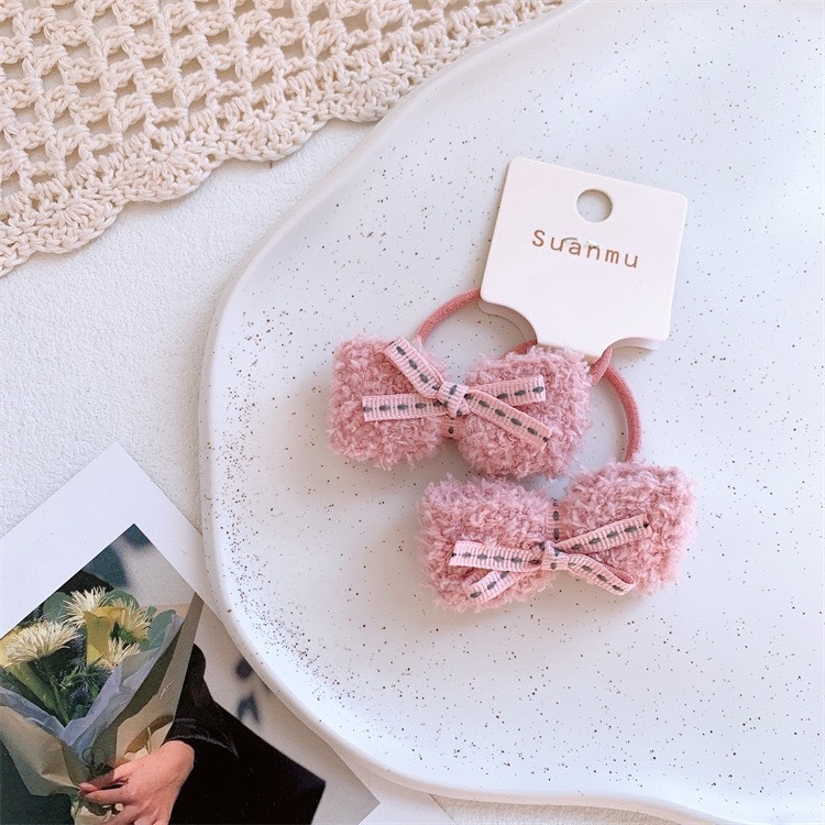 粉色毛毛蝴蝶結髮圈