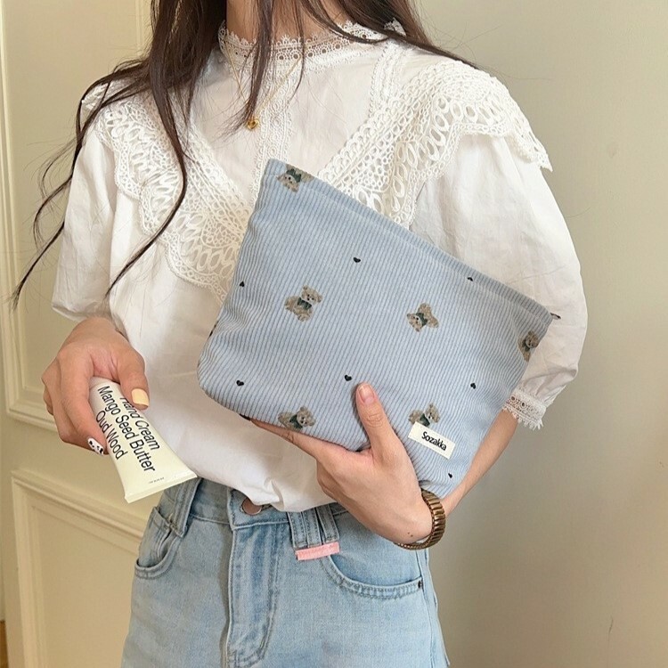 《5325》秋冬可愛小熊燈芯絨化妝包