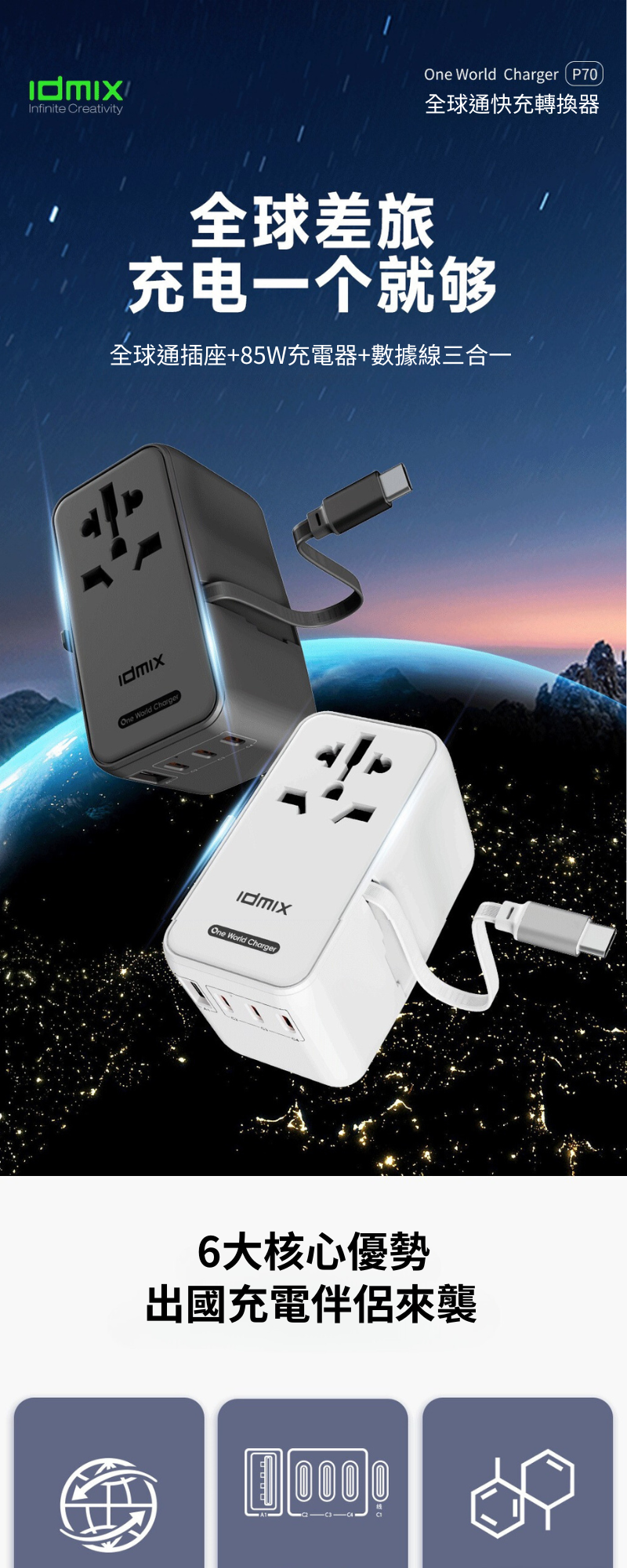 Idmix  P70 全球通自帶線充電器