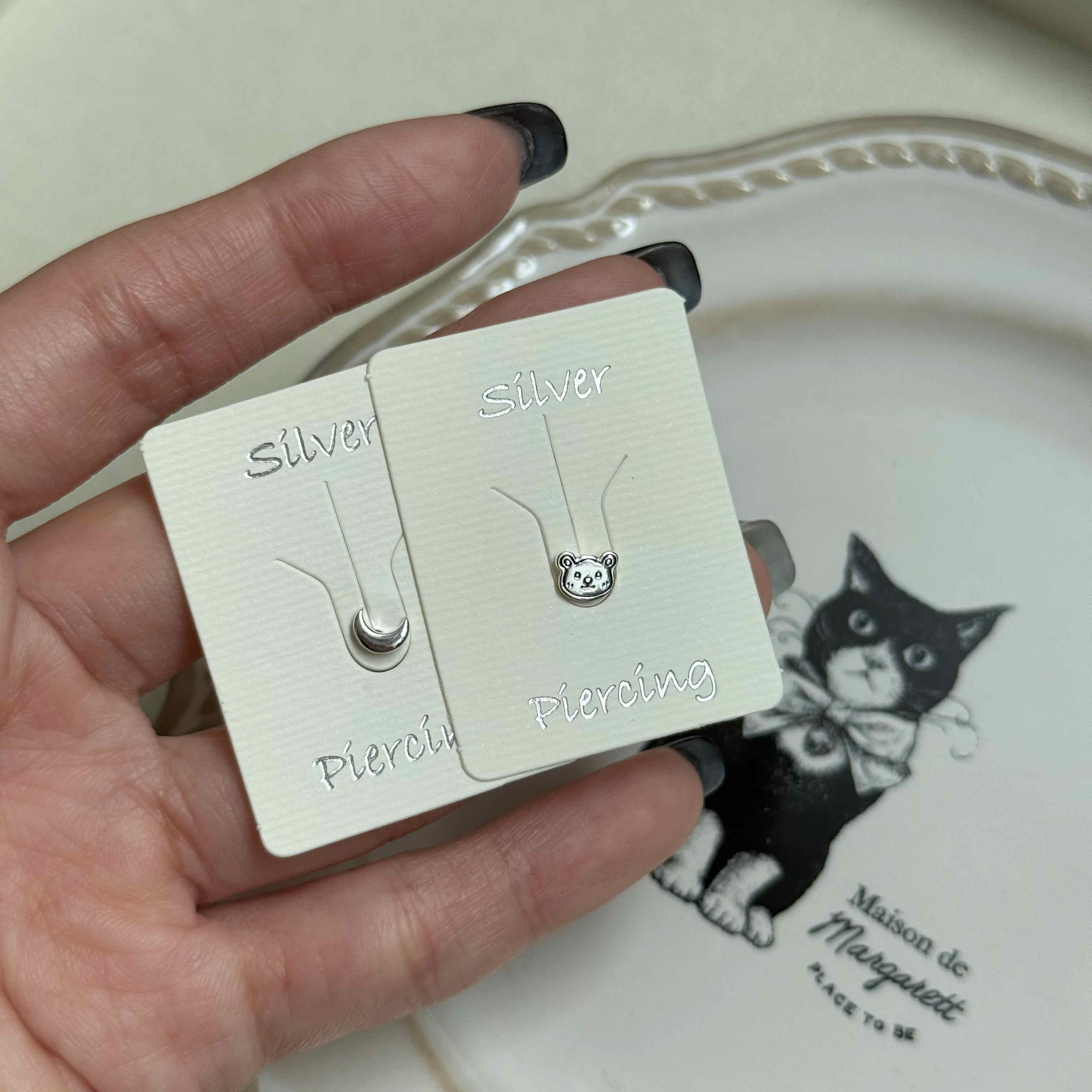 🇰🇷925 silver 小熊月亮轉珠耳釘