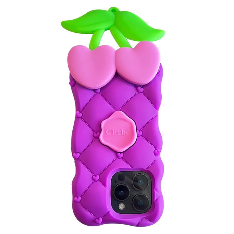 Candies iPhone 16 Pro - 菱格紋愛心櫻桃手機殼(紫)