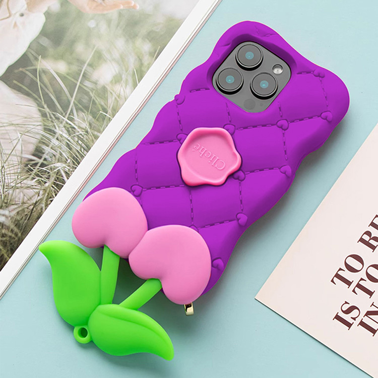 Candies iPhone 16 Pro - 菱格紋愛心櫻桃手機殼(紫)