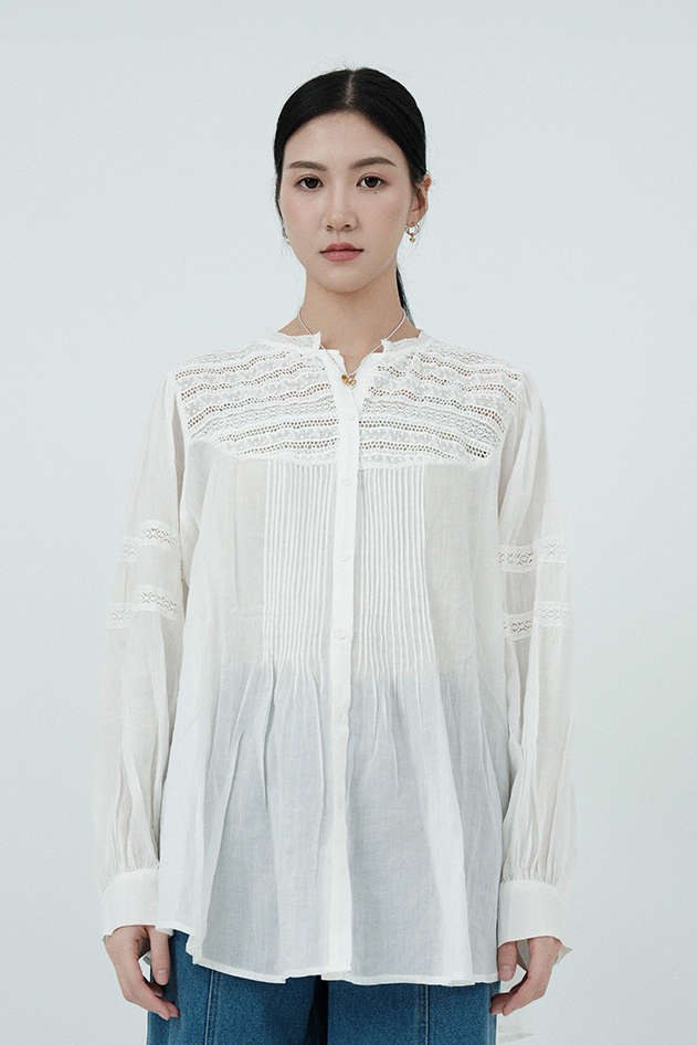 蕾絲領透薄棉恤衫（現貨款式）
