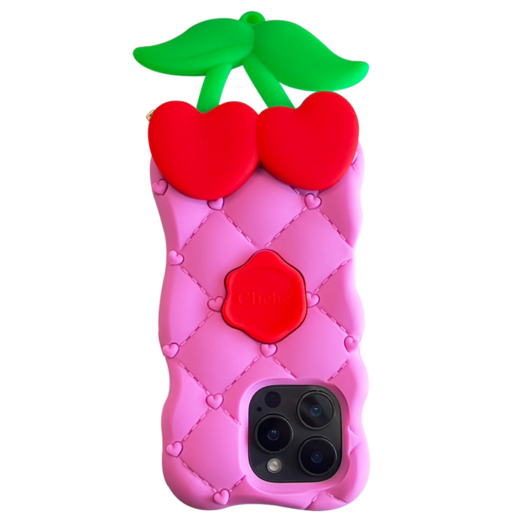 Candies iPhone 16 Pro - 菱格紋愛心櫻桃手機殼(粉)
