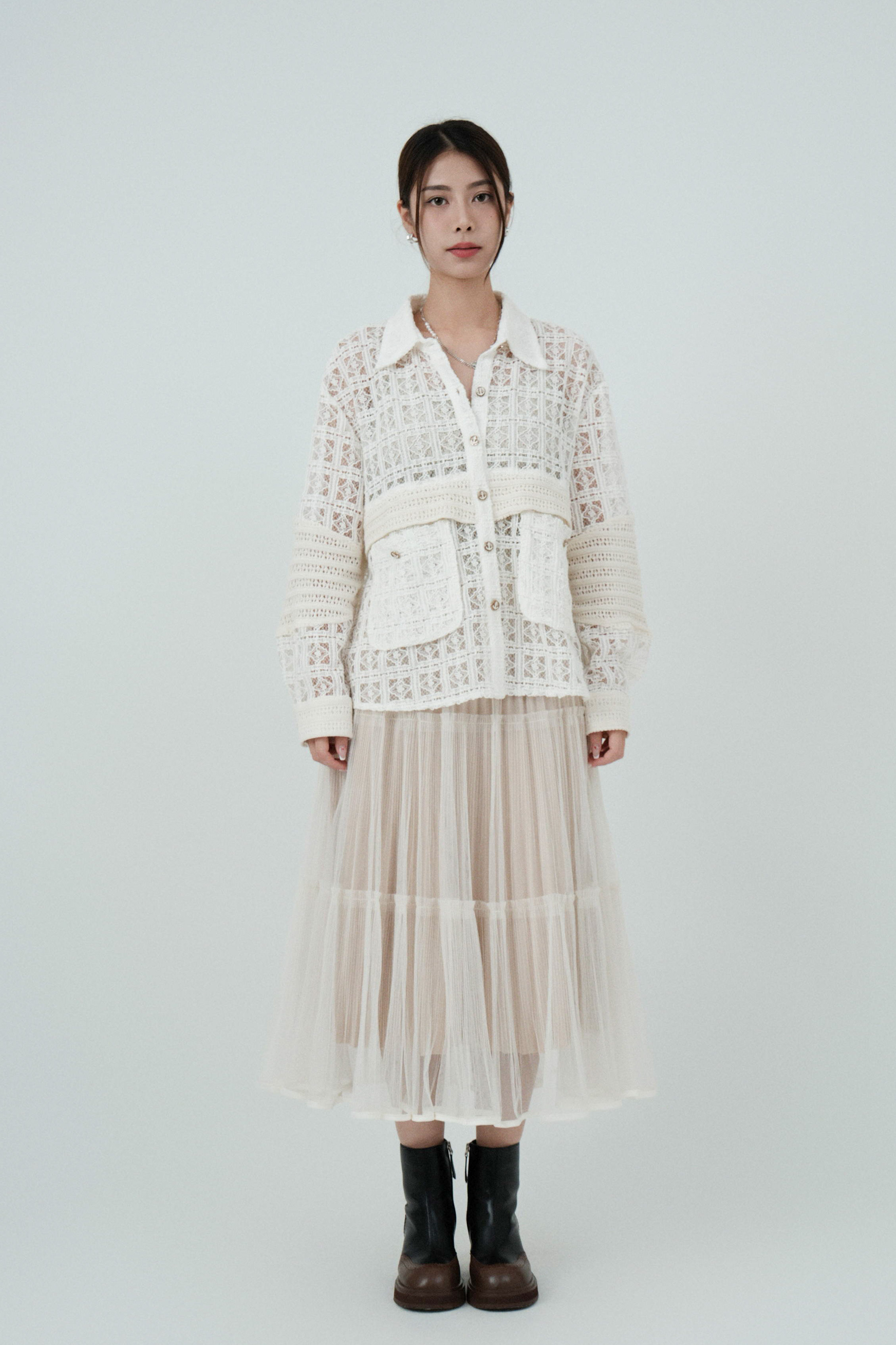 格紋網拼針織立體袋恤衫（現貨款式）