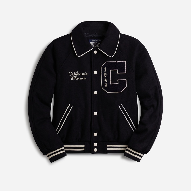 [K] WHO.A.U WOMEN'S SHORT VARSITY JACKET,NAVY, WHJJD4T33F-59-NAVY (KWAU1632)