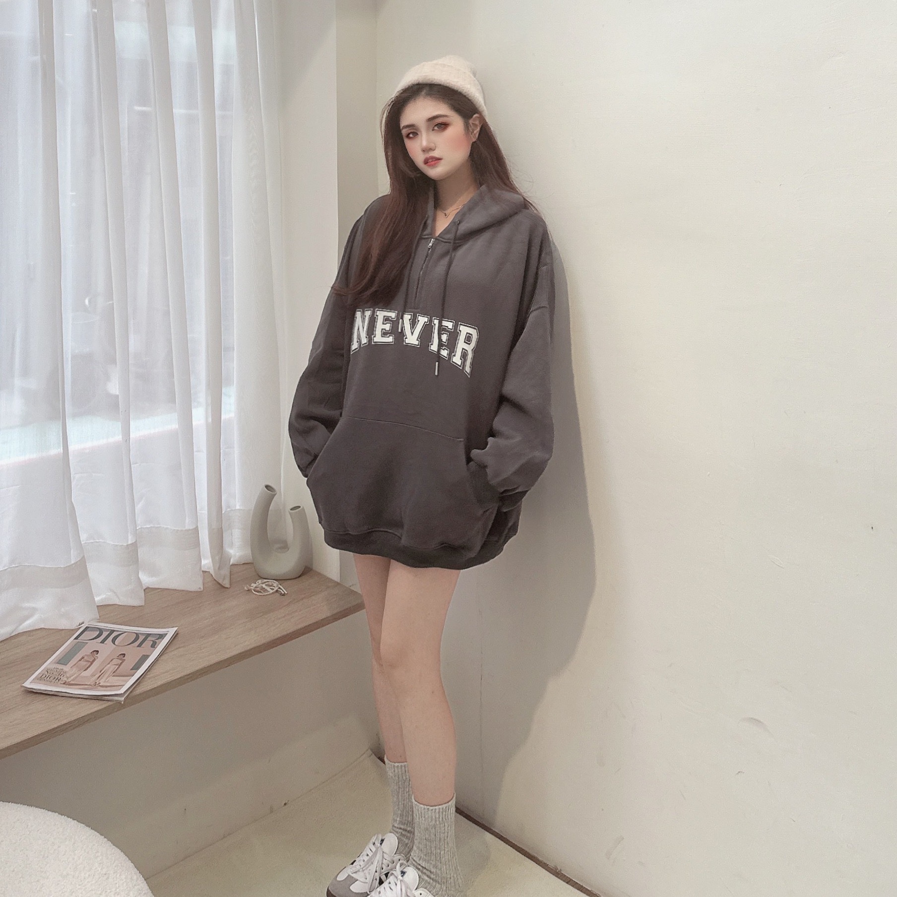 NEVER膠印厚棉拉鍊帽T/三色