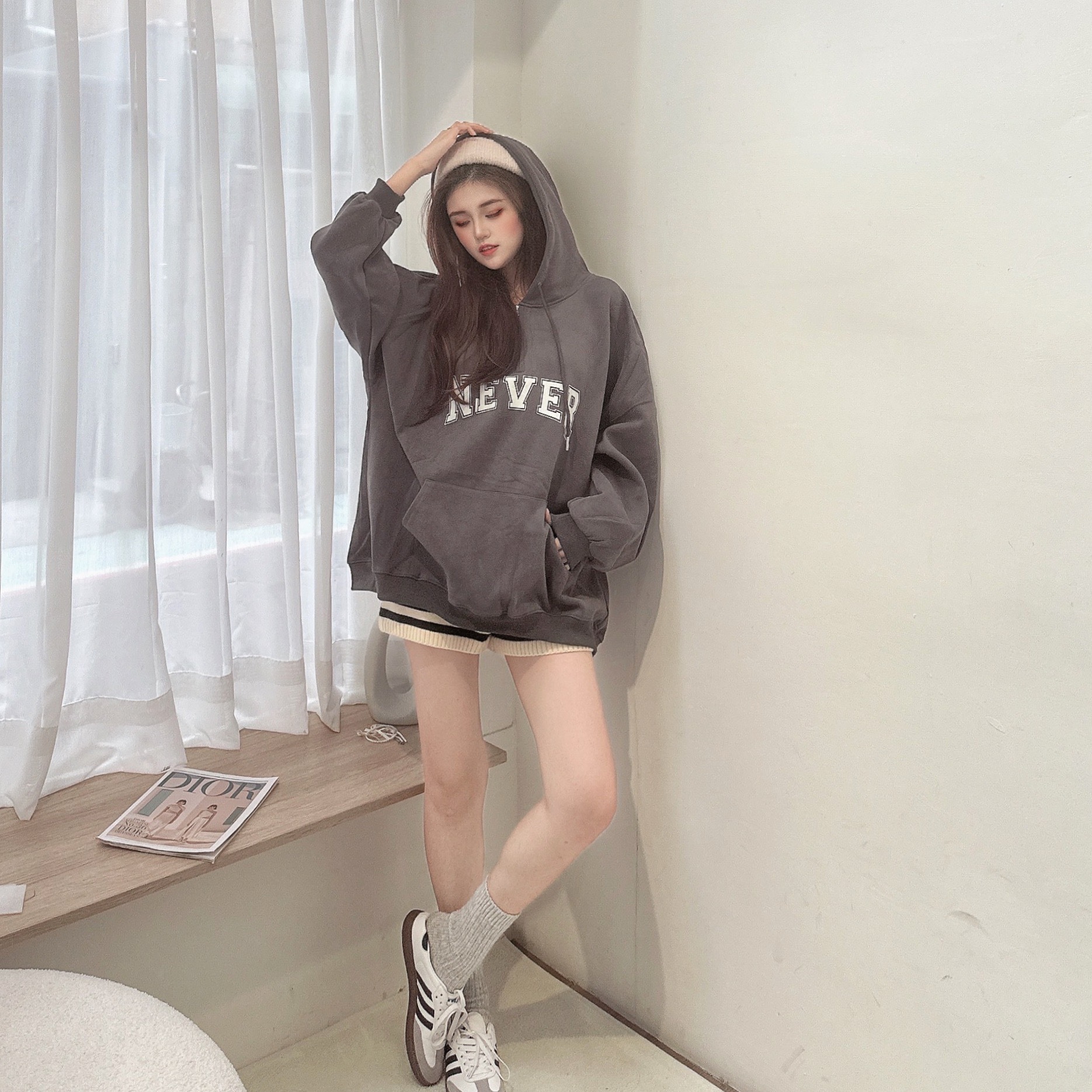 NEVER膠印厚棉拉鍊帽T/三色