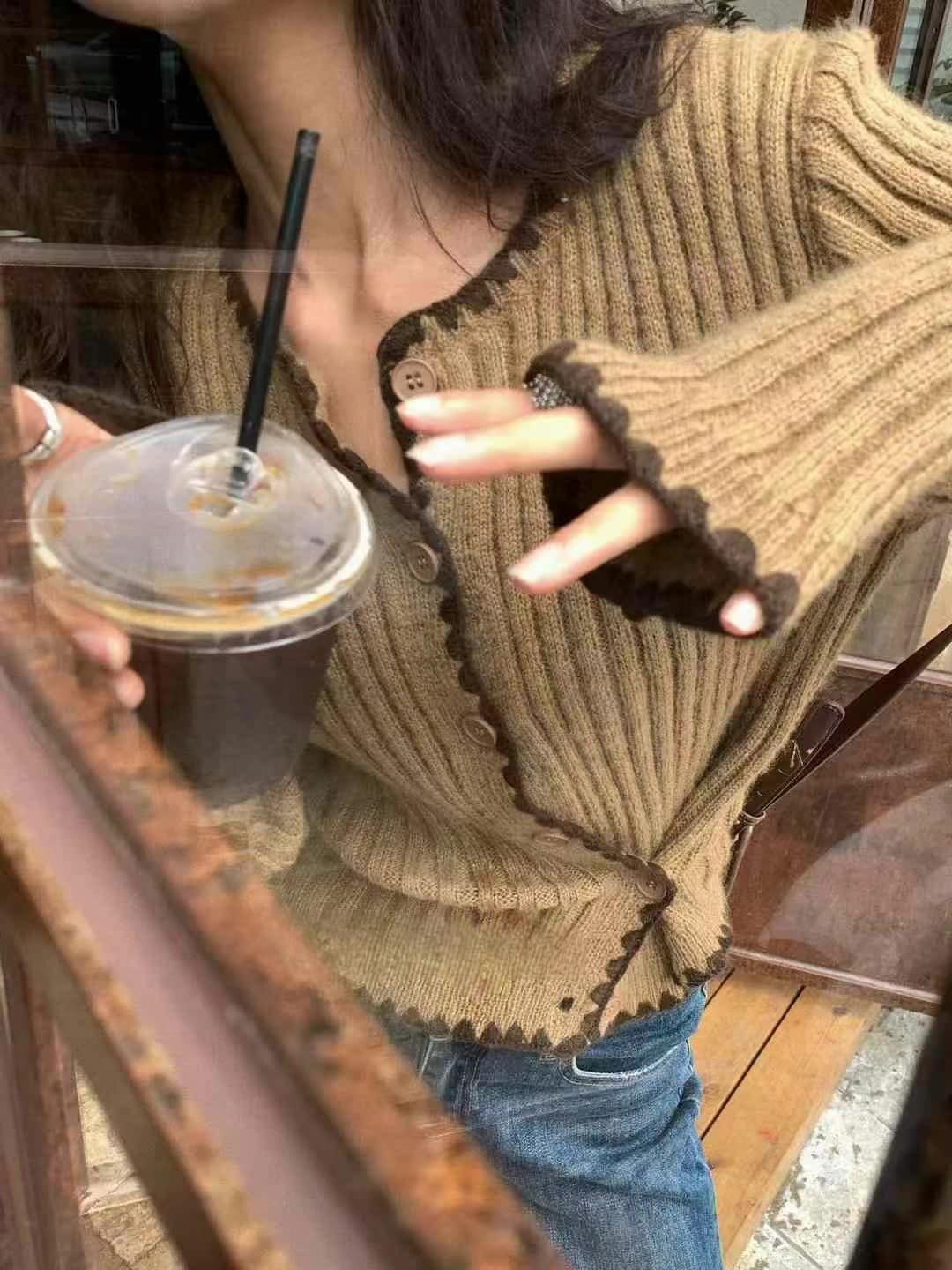 外套丨手縫邊雙配色坑條針織外套