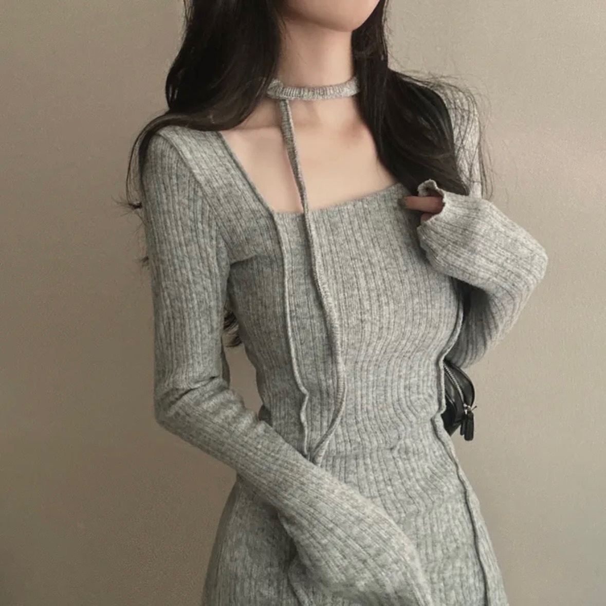 【優惠現貨】韓國絨面針織連身裙連頸繩（3色）