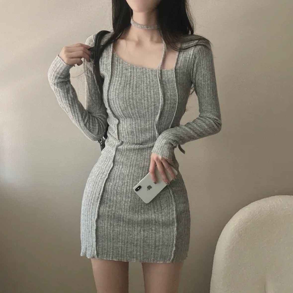 【優惠現貨】韓國絨面針織連身裙連頸繩（3色）