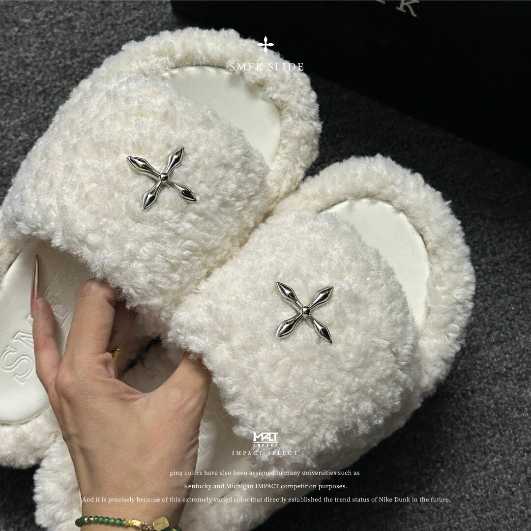 SMFK Slide 金屬 十字星 毛毛拖 拖鞋 高級感 三色