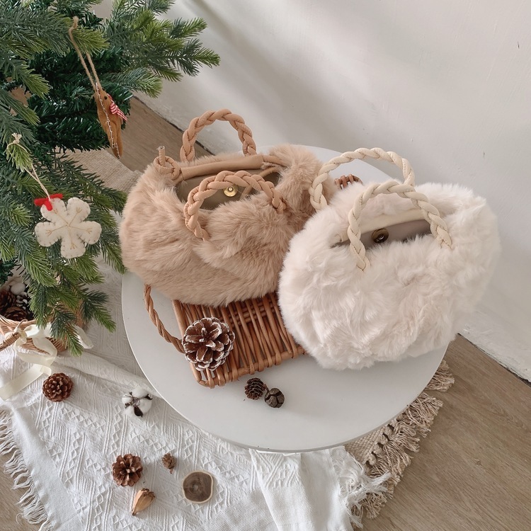 可愛毛絨南瓜編織提把包包