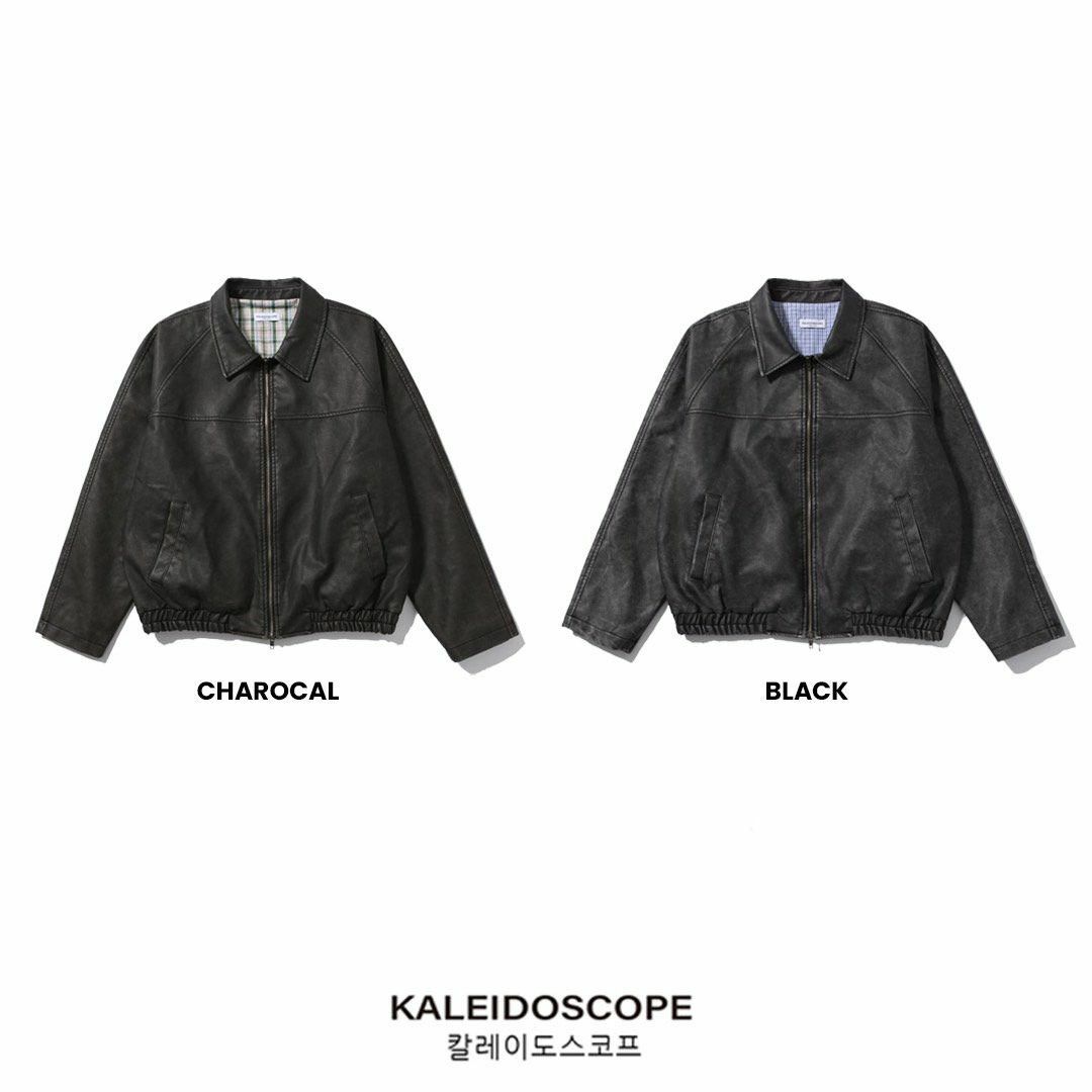 洗水反領拉鍊合成皮褸 kds-010JK