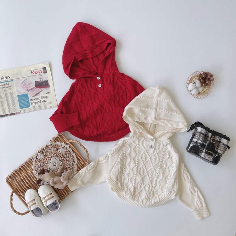 可愛連帽麻花針織斗篷衫