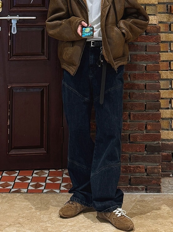 波紋縫紉設計寬版牛仔褲