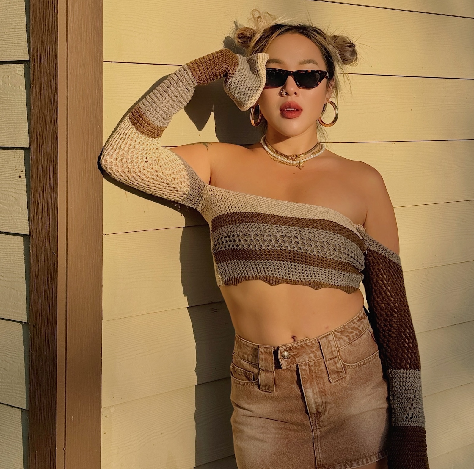 復古針織🧶條紋喇叭袖上衣