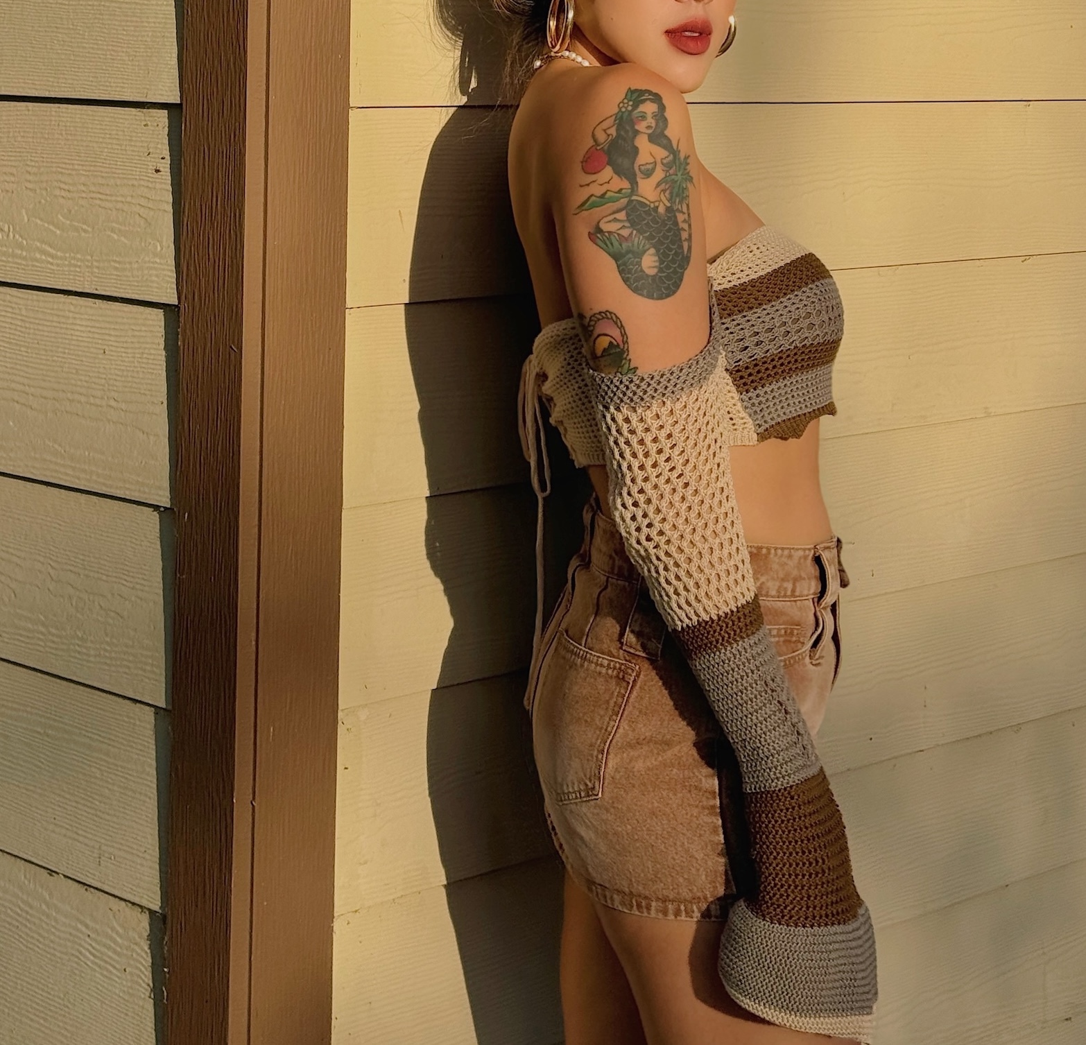 復古針織🧶條紋喇叭袖上衣