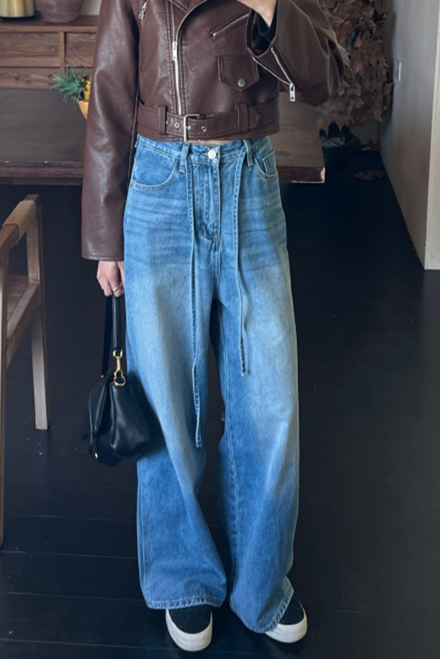 綁帶牛仔闊腿褲*2色