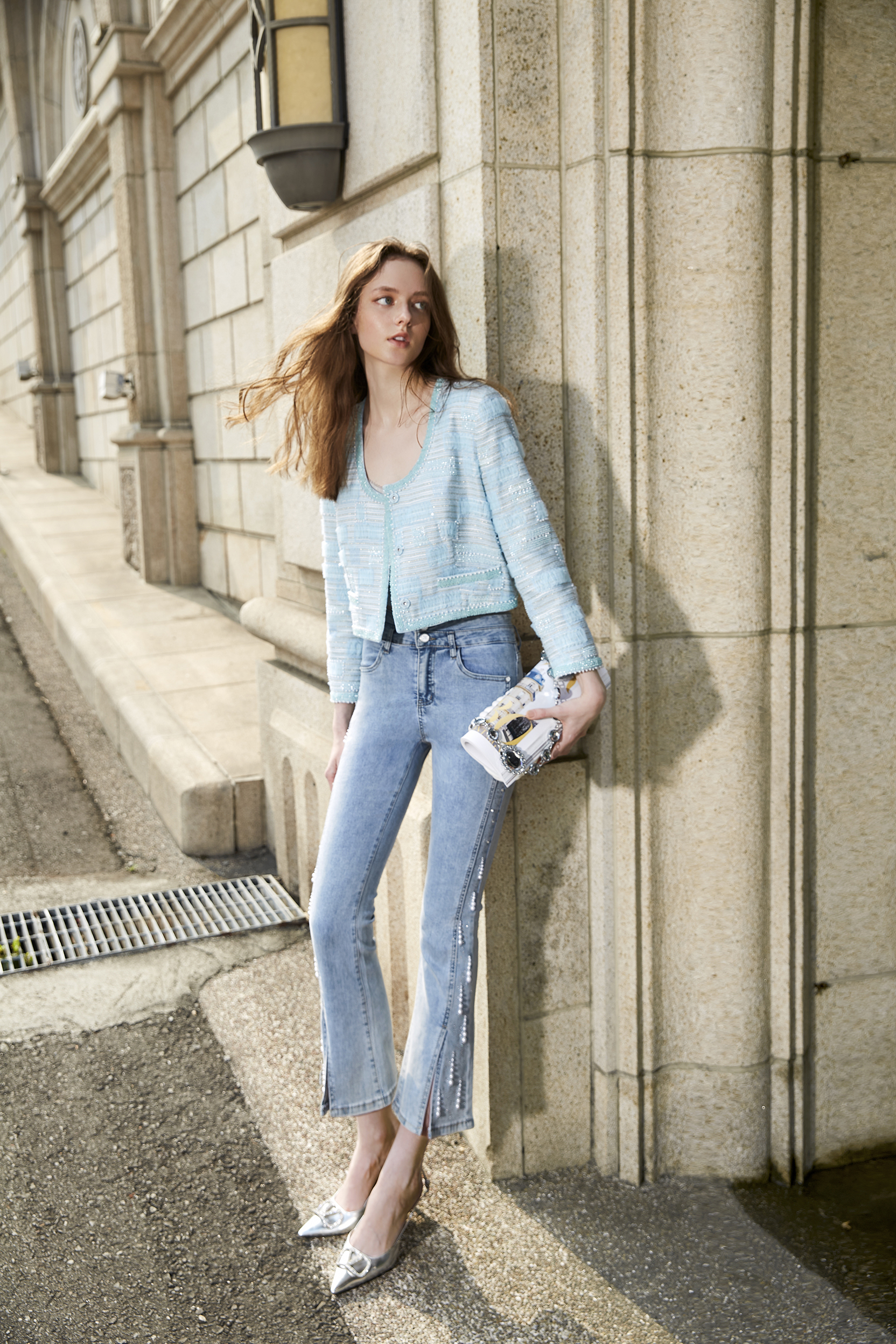 BD15327B1骨瓷藍系列微喇叭開岔褲