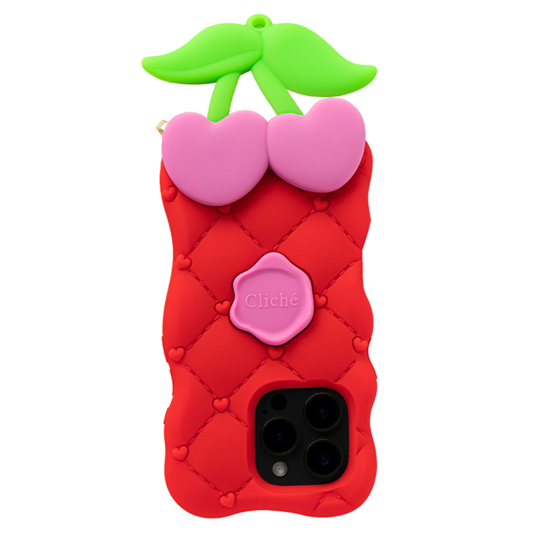 Candies iPhone 16 Pro - 菱格紋愛心櫻桃手機殼(紅)