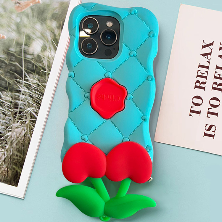 Candies iPhone 16 Pro - 菱格紋愛心櫻桃手機殼(藍)