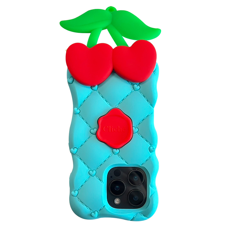 Candies iPhone 16 Pro - 菱格紋愛心櫻桃手機殼(藍)