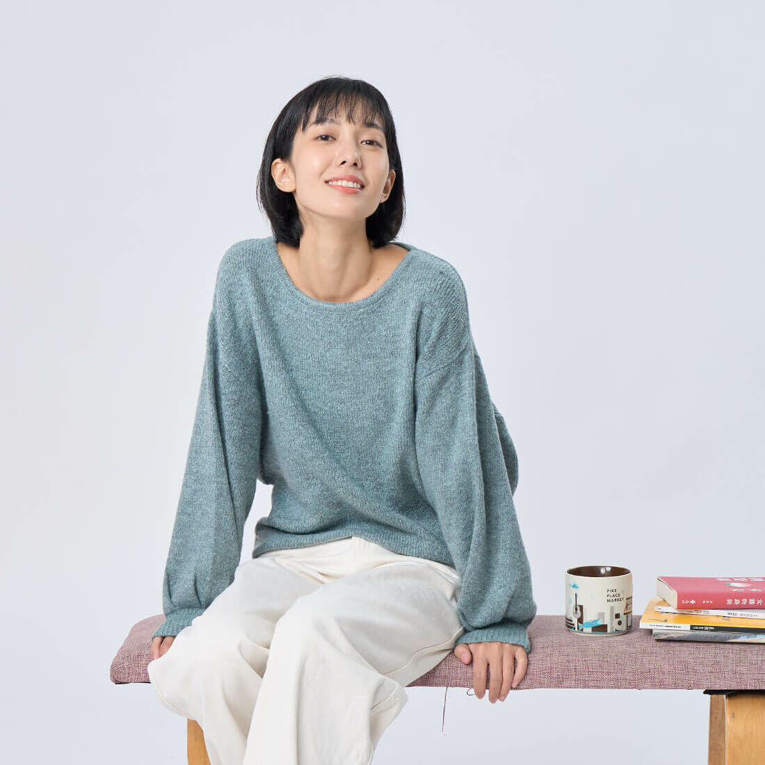 Ivy大寬袖短版針織衫毛衣/ 石綠