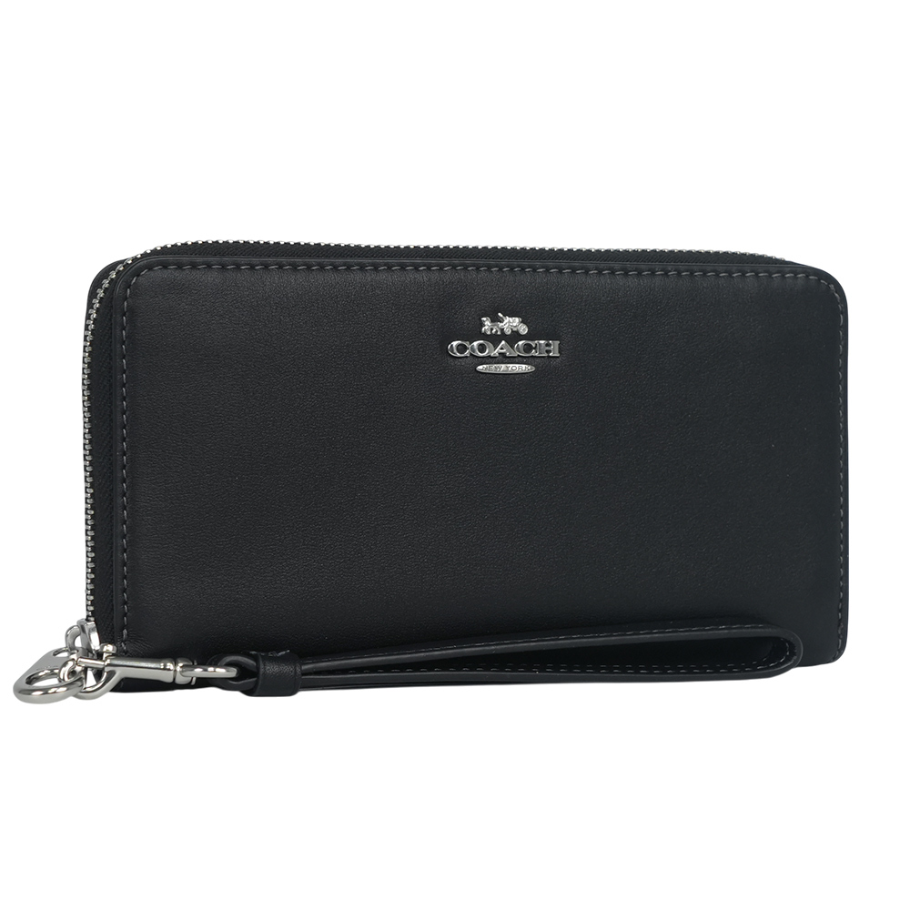 【COACH】銀字馬車Logo 小牛皮附可拆提把長夾(黑色) CR623 SVBK