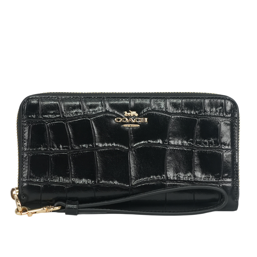 【COACH】金字馬車Logo 鱷魚紋皮革附可拆提把長夾(黑色) CT083 IMBLK
