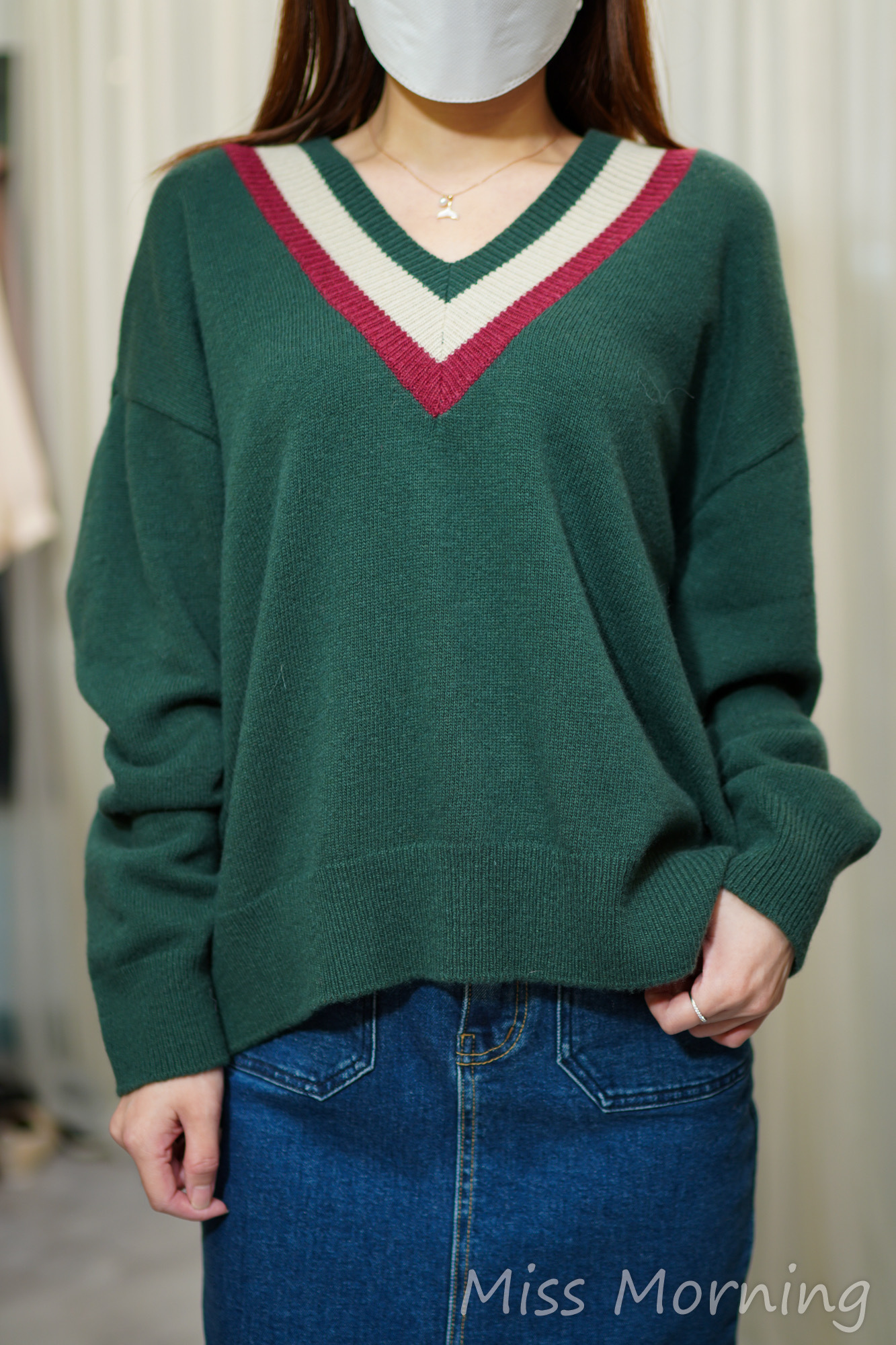 100%wool拼色V領上衣(14319)