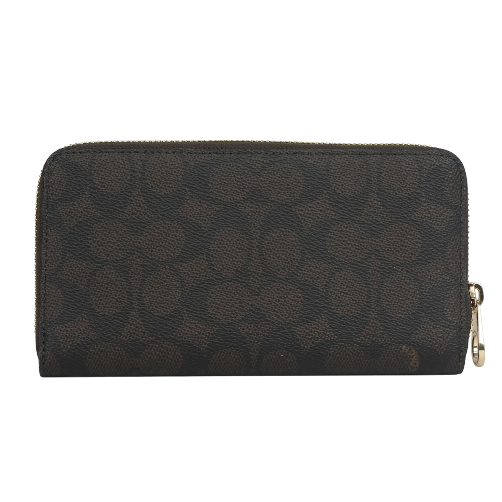 【COACH】金字馬車Logo 塗層帆布附可拆提把ㄇ形拉鍊長夾(胡桃木棕/黑色) CW778 IMXAQ