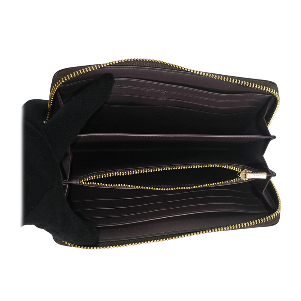 【COACH】金字馬車Logo 塗層帆布附可拆提把ㄇ形拉鍊長夾(胡桃木棕/黑色) CW778 IMXAQ