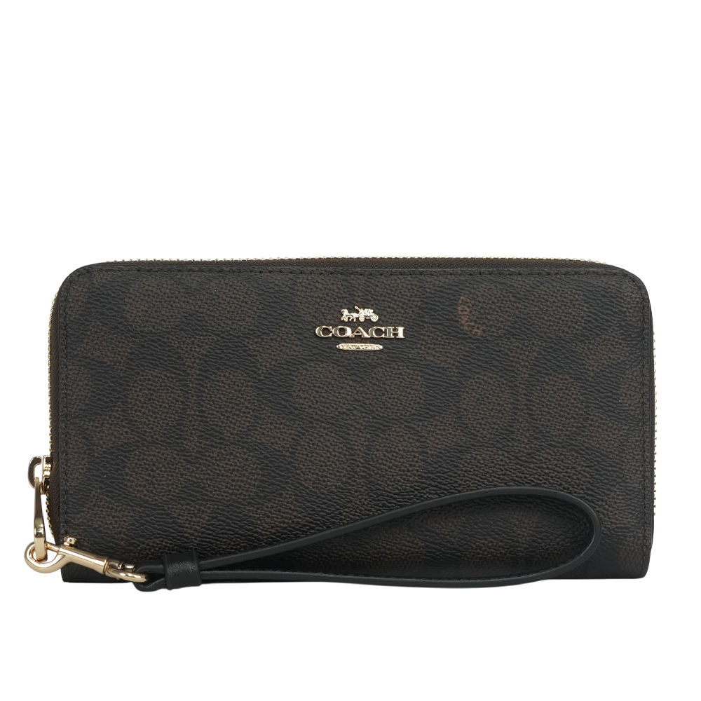 【COACH】金字馬車Logo 塗層帆布附可拆提把ㄇ形拉鍊長夾(胡桃木棕/黑色) CW778 IMXAQ
