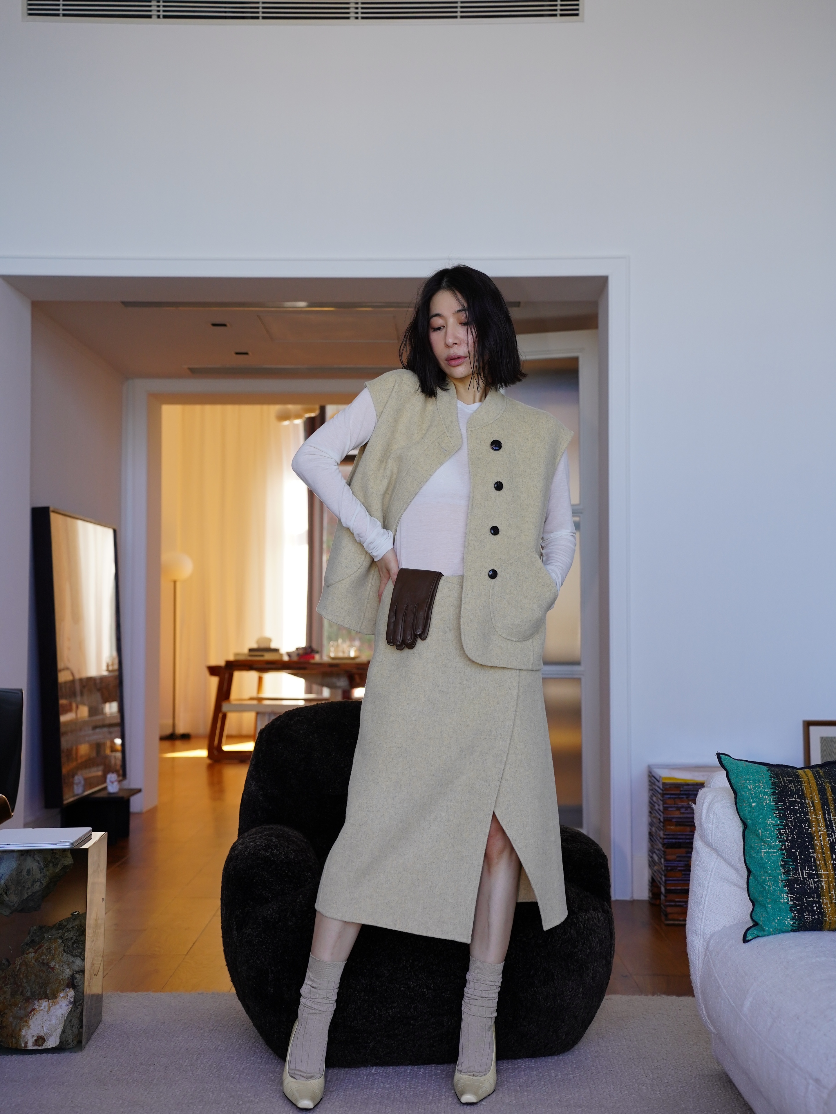 HANAA 秋冬新款休閒一片式羊毛混紡裹式半裙