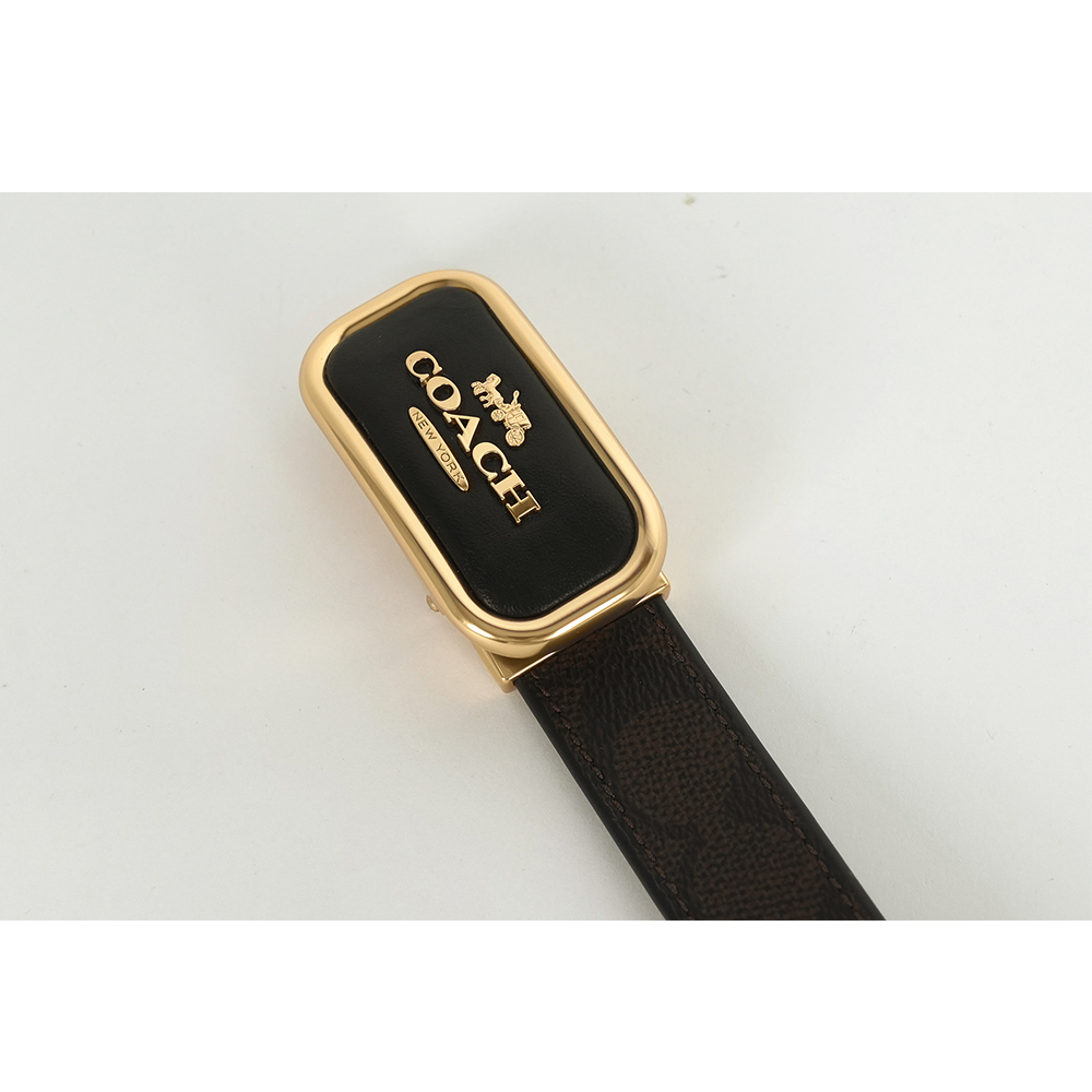 【COACH】Morgan 方形馬車標誌帆布及牛皮寬2.5cm 雙面可用皮帶(胡桃木棕/黑色) CX052 IMXAQ