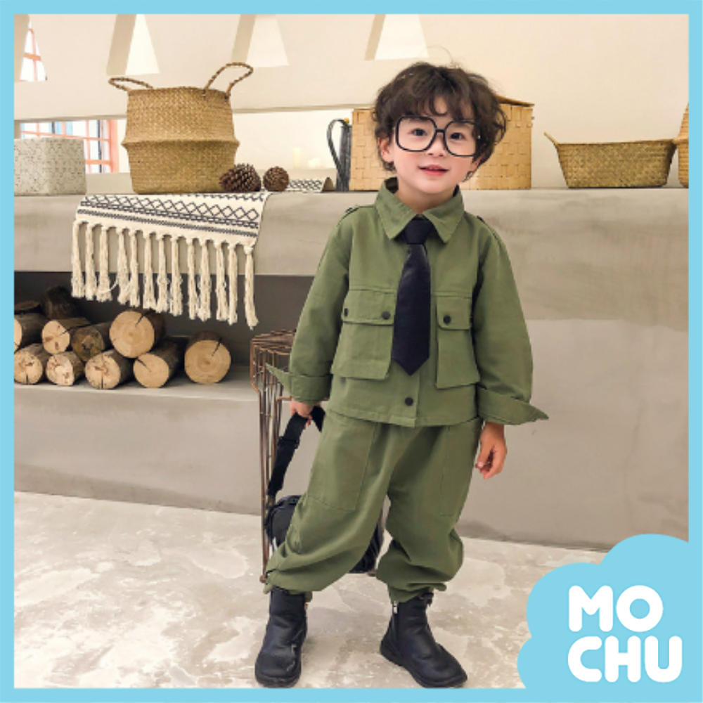 軍裝風領帶長袖套裝