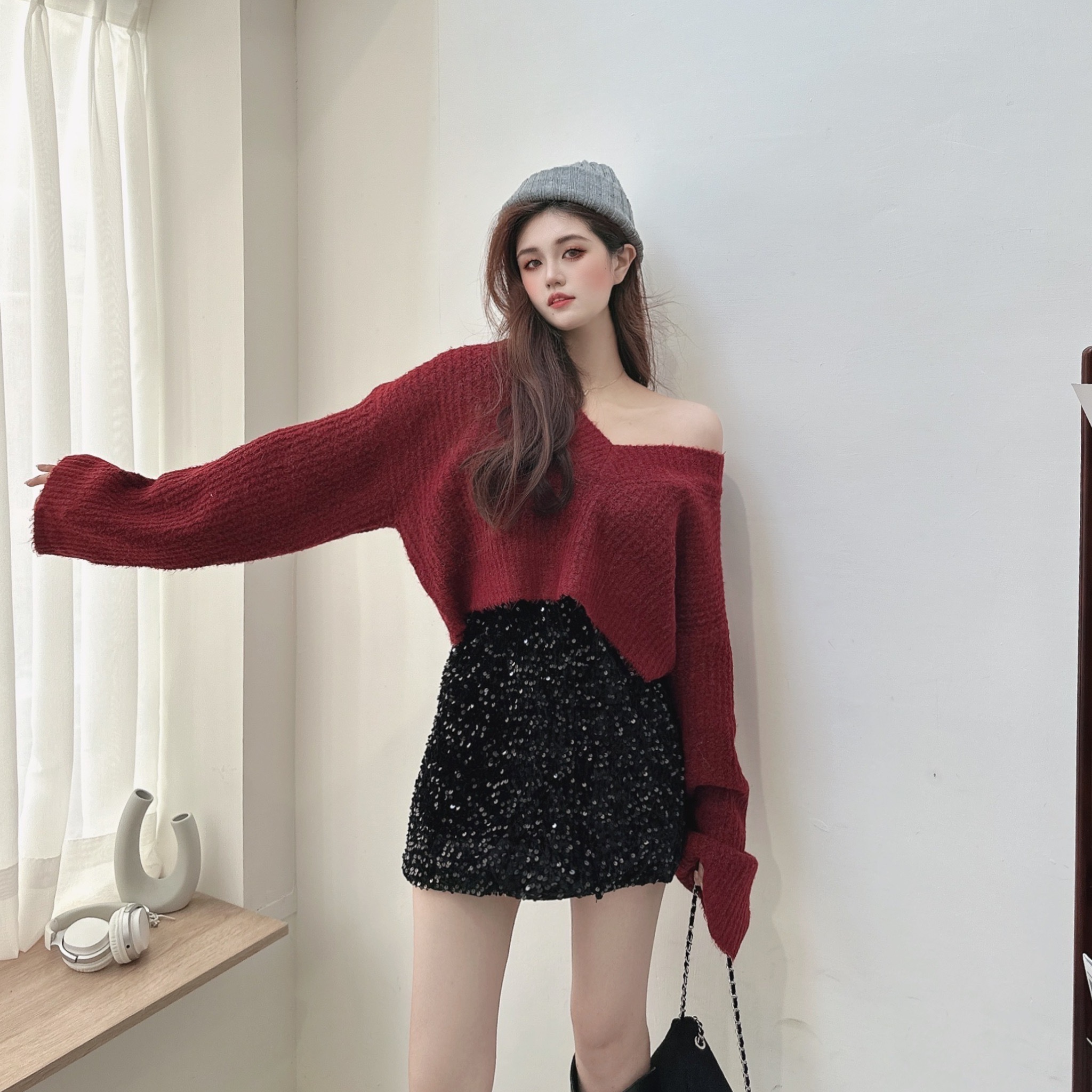 絕美V領麻軟糯織毛衣/五色