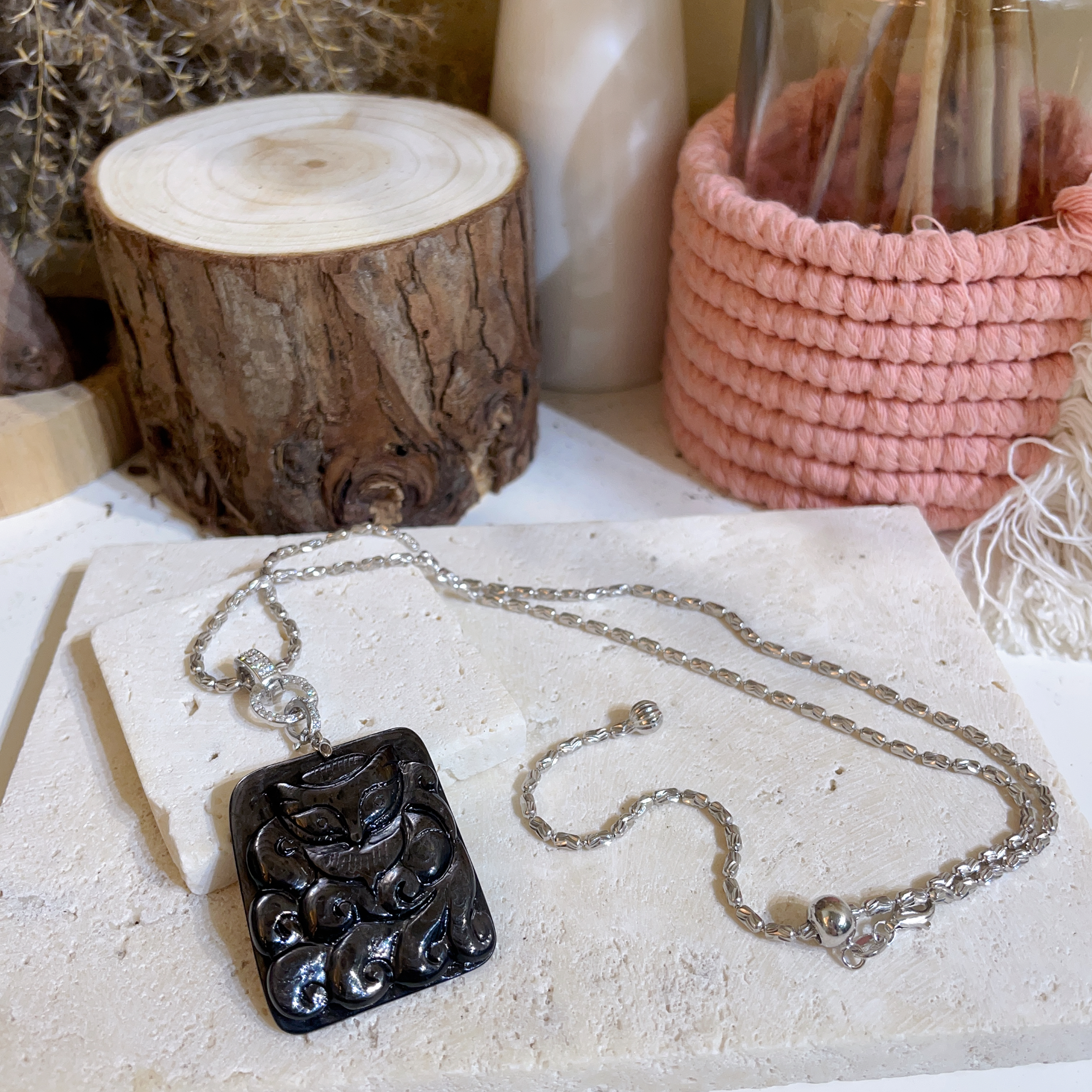 純銀金運石狐狸無事吊墜連可調節鏈 51cm