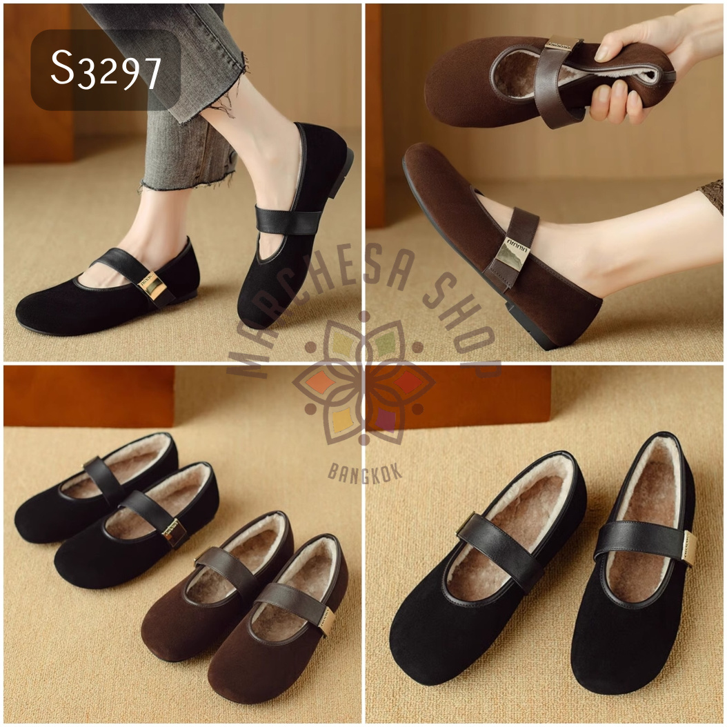 S3297 - 全真皮羊猄毛毛一字帶圓頭平底鞋