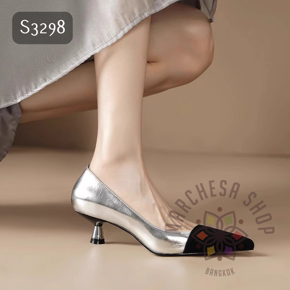 S3298 - 全真皮羊猄拼皮尖頭低踭鞋