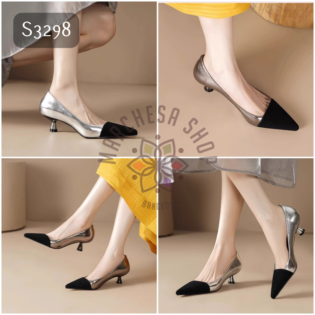 S3298 - 全真皮羊猄拼皮尖頭低踭鞋