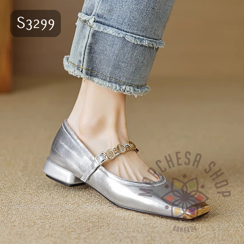 S3299 - 全真皮羊皮特色一字帶方頭平底鞋