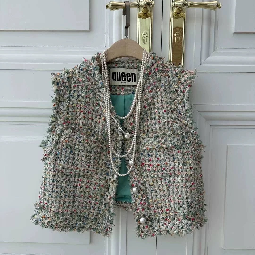 🇰🇷 氣質小香風 彩色粗花呢珍珠釦V領馬甲背心